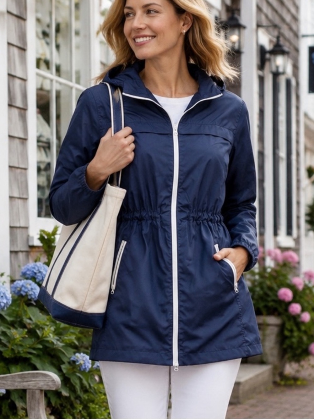 OLD NAVY Lost at Sea Hooded Rain Jacket Blue Windbreaker Packable M